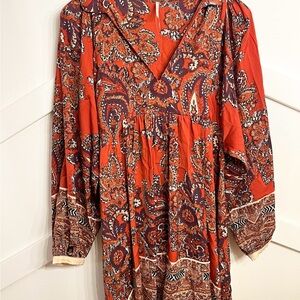 Free People Red Paisley Long Sleeve Dress